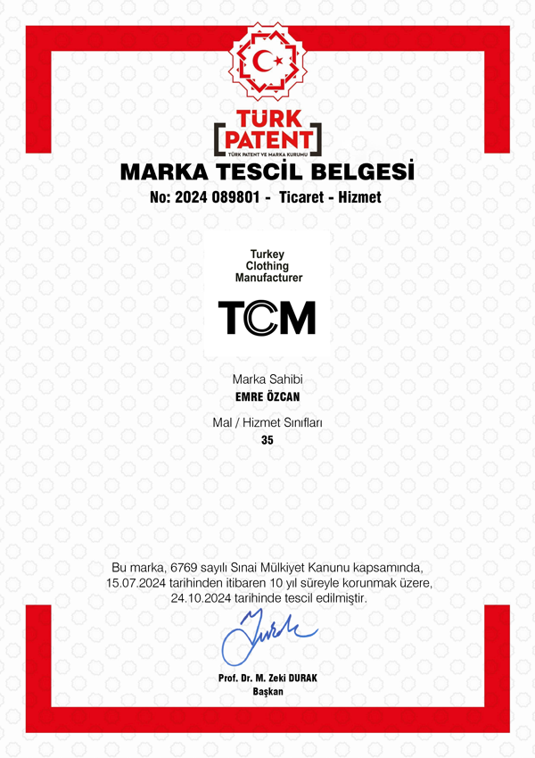 Turkey Clothing Manufacturer (TCM) has been registered by the Turkish Patent and Trademark Office of the Republic of Turkey under Law No. 6769, with registration number 2024-089801, as of July 15, 2024. From this date onwards, all rights to the brand belong to us. Brands or websites using the name Turkey Clothing Manufacturer (TCM) outside of our company typically aim to create fake and copied content. It is important to stay away from such sites and to prefer our website as a reliable and original source.